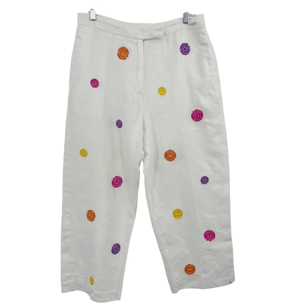 Deane & White Womens 14 White 100% Linen Floral Embroidered Daisy‎ Cropped Pants